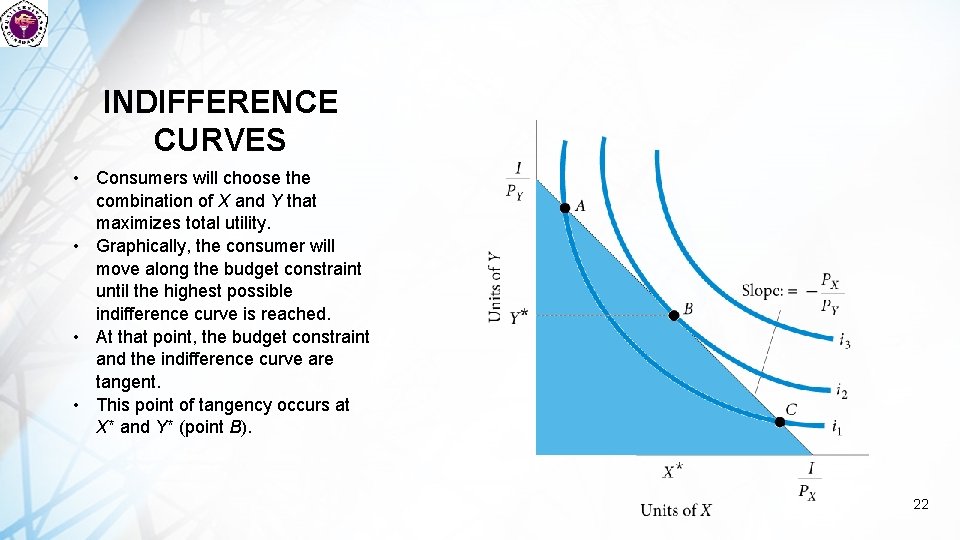 INDIFFERENCE CURVES • Consumers will choose the combination of X and Y that maximizes
