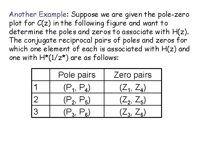 Another Example: Suppose we are given the pole-zero plot for C(z) in the following