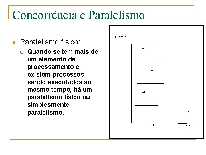 Concorrência e Paralelismo n Paralelismo físico: q Quando se tem mais de um elemento