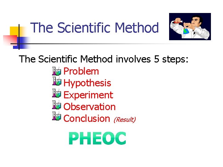 The Scientific Method involves 5 steps: Problem Hypothesis Experiment Observation Conclusion (Result) 