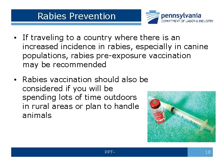 Rabies Prevention • If traveling to a country where there is an increased incidence