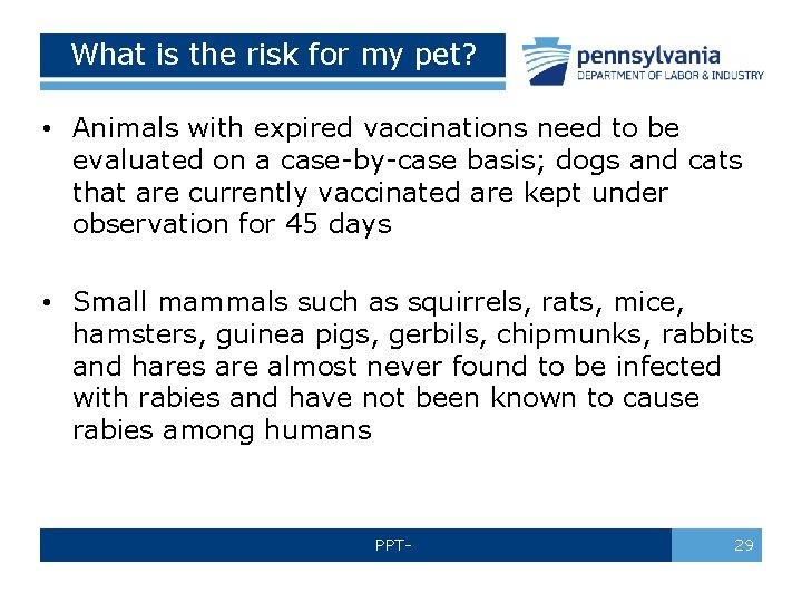 What is the risk for my pet? • Animals with expired vaccinations need to