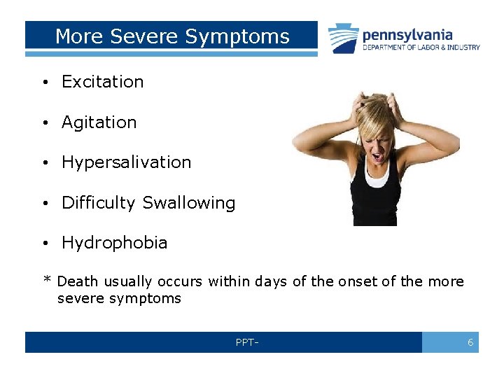 More Severe Symptoms • Excitation • Agitation • Hypersalivation • Difficulty Swallowing • Hydrophobia