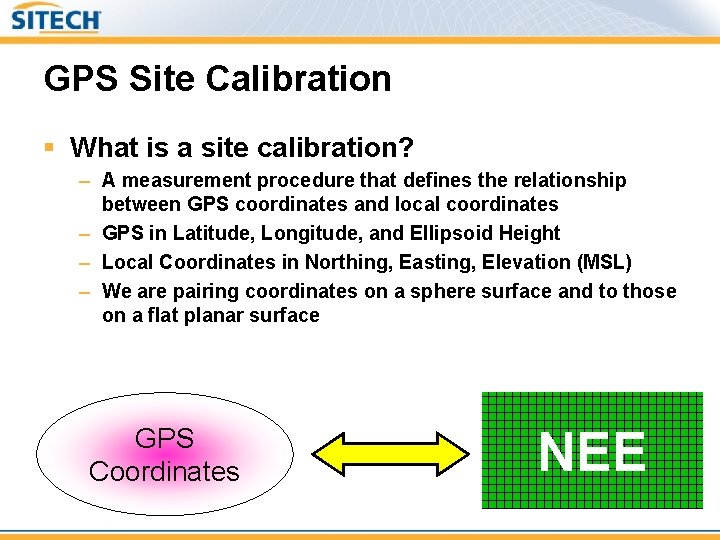 GPS Site Calibration § What is a site calibration? – A measurement procedure that