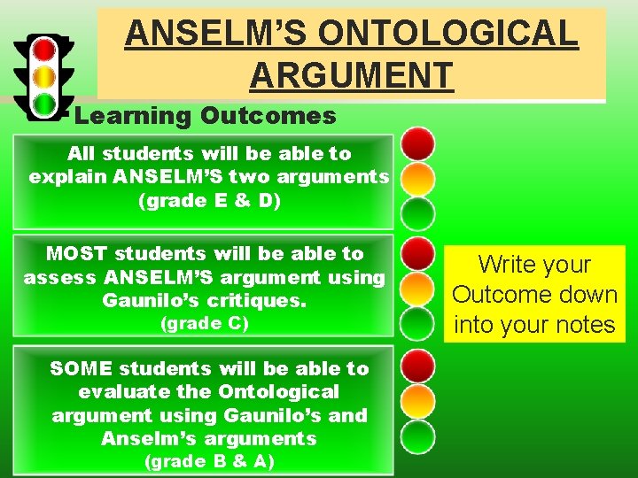 ANSELM’S ONTOLOGICAL ARGUMENT Learning Outcomes All students will be able to explain ANSELM’S two