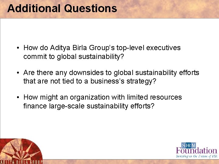 Additional Questions • How do Aditya Birla Group’s top-level executives commit to global sustainability?