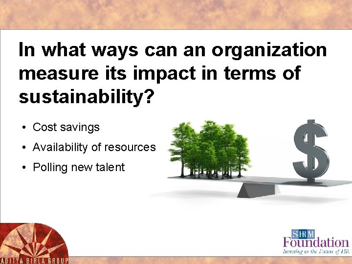 In what ways can an organization measure its impact in terms of sustainability? •