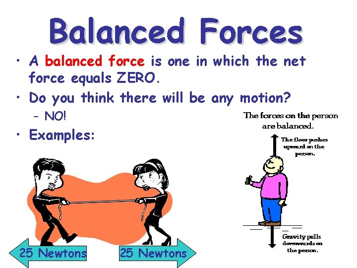 Balanced Forces • A balanced force is one in which the net force equals