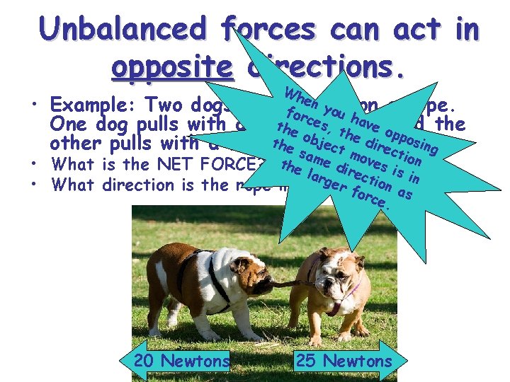 Unbalanced forces can act in opposite directions. • • • Wh en Example: Two