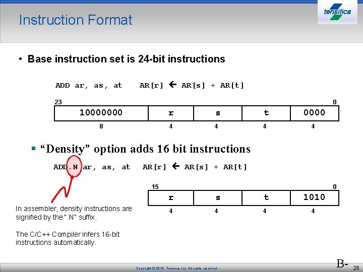 Instruction Format • Base instruction set is 24 -bit instructions ADD ar, as, at