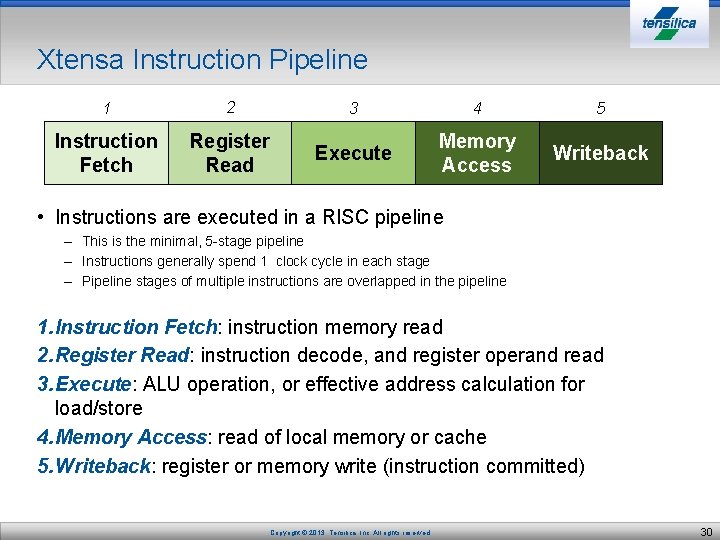 Xtensa Instruction Pipeline 1 2 3 4 5 Instruction Fetch Register Read Execute Memory