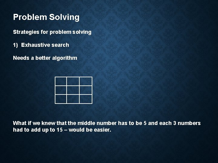 Problem Solving Strategies for problem solving 1) Exhaustive search Needs a better algorithm What