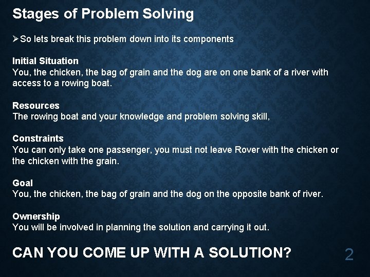 Stages of Problem Solving ØSo lets break this problem down into its components Initial