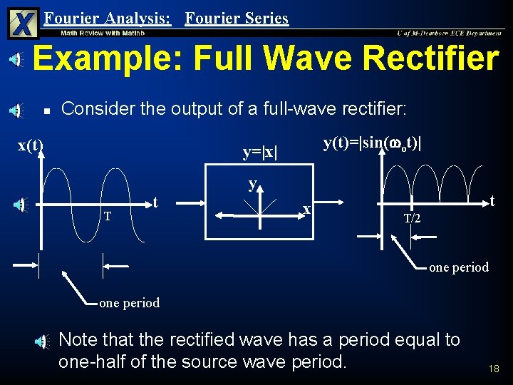 Fourier Analysis: Fourier Series Example: Full Wave Rectifier n Consider the output of a Fourier Analysis: Fourier Series Example: Full Wave Rectifier n Consider the output of a