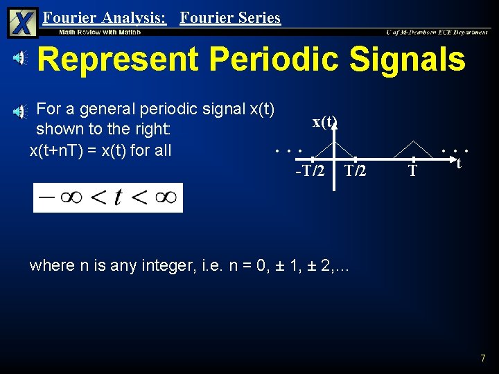 Fourier Analysis: Fourier Series Represent Periodic Signals n For a general periodic signal x(t) Fourier Analysis: Fourier Series Represent Periodic Signals n For a general periodic signal x(t)