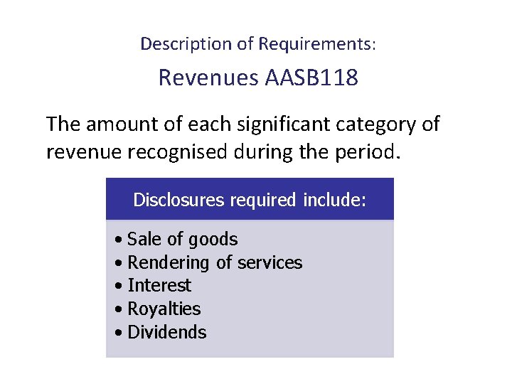 Description of Requirements: Revenues AASB 118 The amount of each significant category of revenue