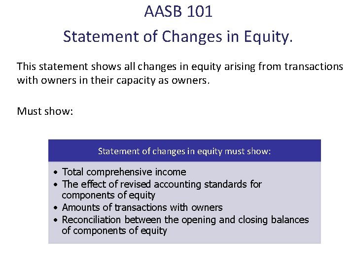 AASB 101 Statement of Changes in Equity. This statement shows all changes in equity