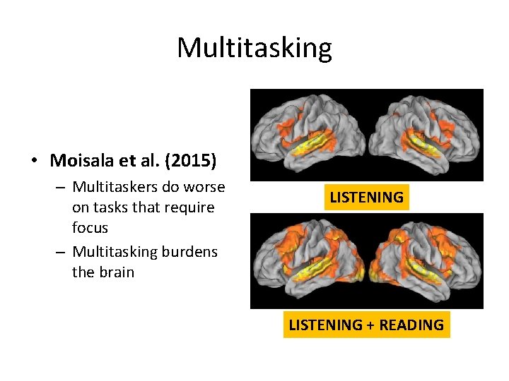 Multitasking • Moisala et al. (2015) – Multitaskers do worse on tasks that require