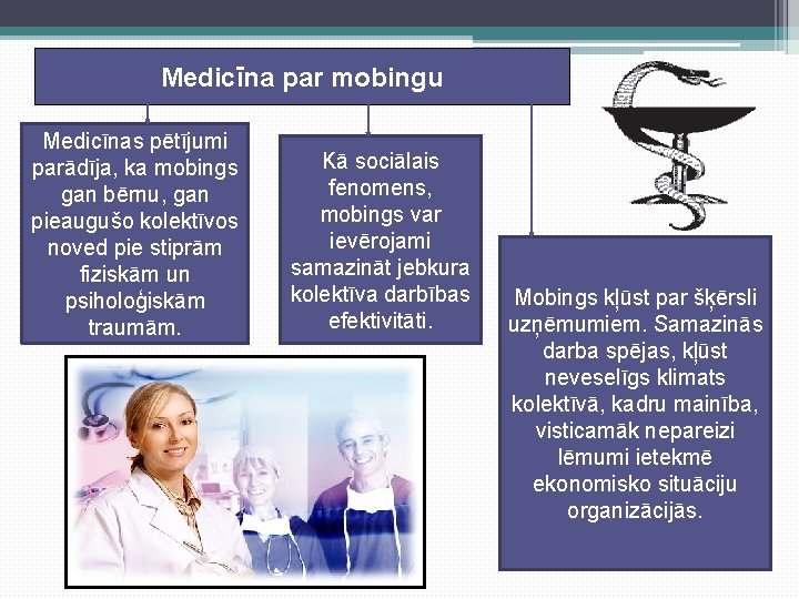 Medicīna par mobingu Medicīnas pētījumi parādīja, ka mobings gan bērnu, gan pieaugušo kolektīvos noved