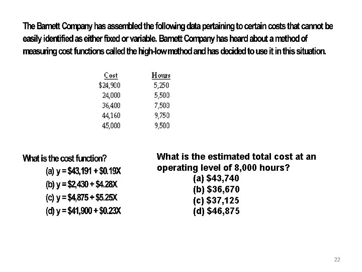 What is the estimated total cost at an operating level of 8, 000 hours?