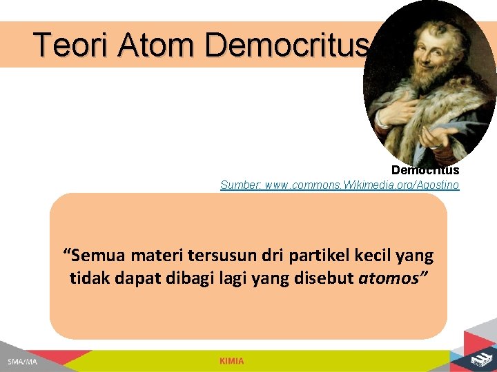 Teori Atom Democritus Sumber: www. commons. Wikimedia. org/Agostino “Semua materi tersusun dri partikel kecil