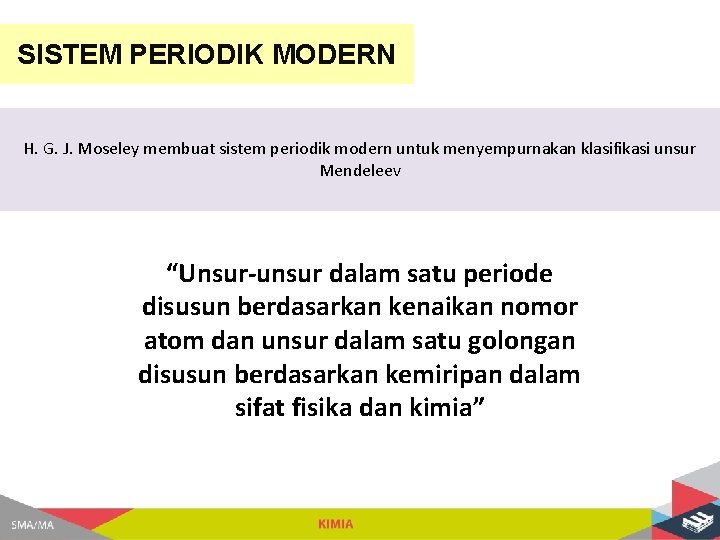 SISTEM PERIODIK MODERN H. G. J. Moseley membuat sistem periodik modern untuk menyempurnakan klasifikasi