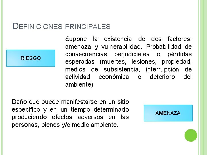 DEFINICIONES PRINCIPALES RIESGO Supone la existencia de dos factores: amenaza y vulnerabilidad. Probabilidad de