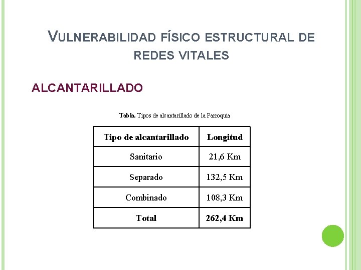 VULNERABILIDAD FÍSICO ESTRUCTURAL DE REDES VITALES ALCANTARILLADO Tabla. Tipos de alcantarillado de la Parroquia