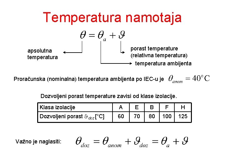 Temperatura namotaja porast temperature (relativna temperatura) temperatura ambijenta apsolutna temperatura Proračunska (nominalna) temperatura ambijenta