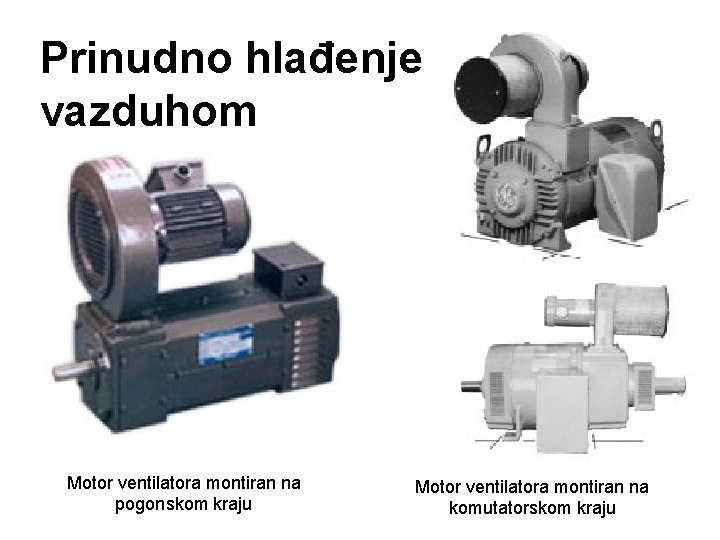 Prinudno hlađenje vazduhom Motor ventilatora montiran na pogonskom kraju Motor ventilatora montiran na komutatorskom