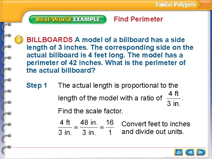 Find Perimeter BILLBOARDS A model of a billboard has a side length of 3