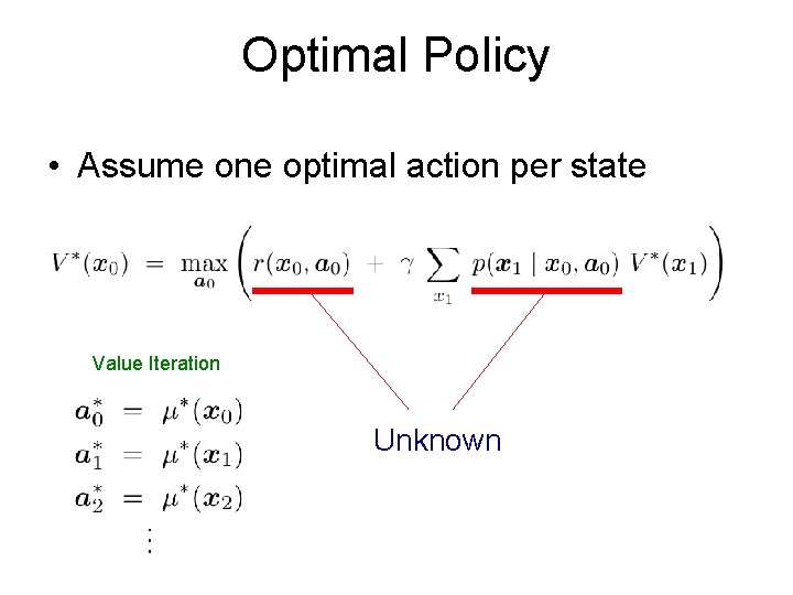 Optimal Policy • Assume one optimal action per state Value Iteration Unknown 