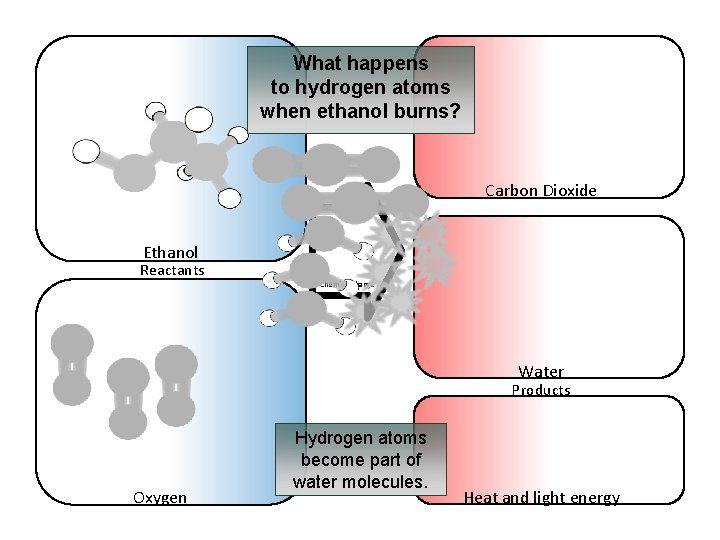 What happens to hydrogen atoms when ethanol burns? Carbon Dioxide Ethanol Reactants Chemical change