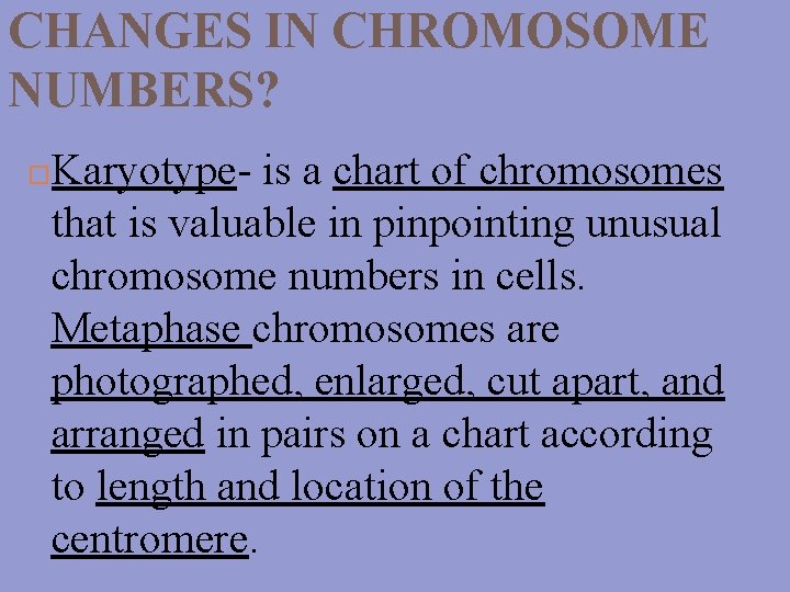 CHANGES IN CHROMOSOME NUMBERS? Karyotype- is a chart of chromosomes that is valuable in