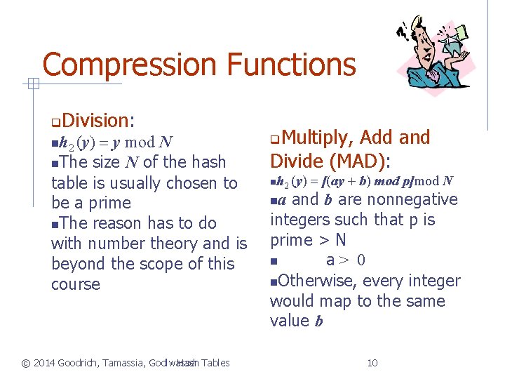Compression Functions Division: h (y) = y mod N The size N of the