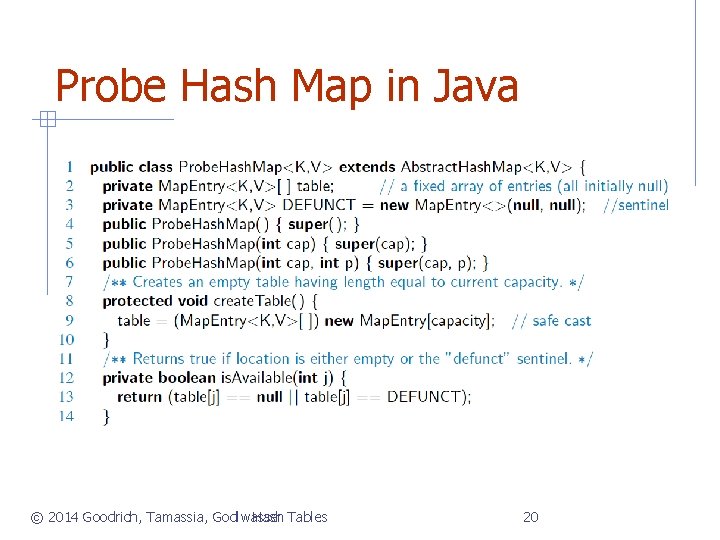 Probe Hash Map in Java © 2014 Goodrich, Tamassia, Godlwasser Hash Tables 20 