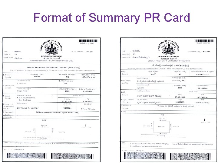 Format of Summary PR Card 