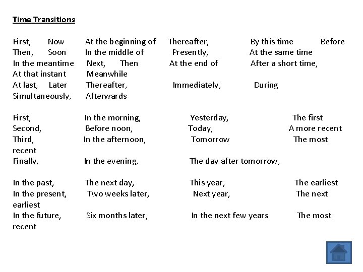 Time Transitions First, Now At the beginning of Thereafter, By this time Before Then,