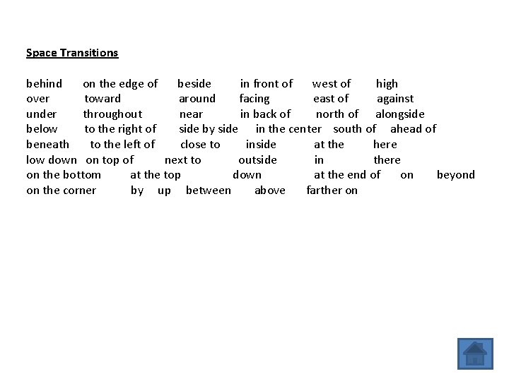 Space Transitions behind on the edge of beside in front of west of high