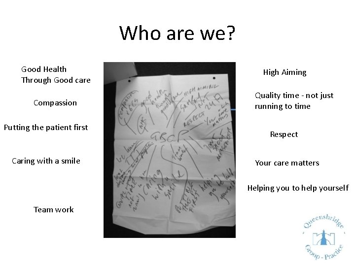 Who are we? Good Health Through Good care Compassion Putting the patient first Caring