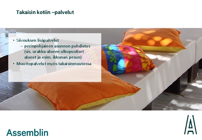 Takaisin kotiin –palvelut • Siivouksen lisäpalvelut – perinpohjainen asunnon puhdistus (sis. urakka-alueen ulkopuoliset alueet