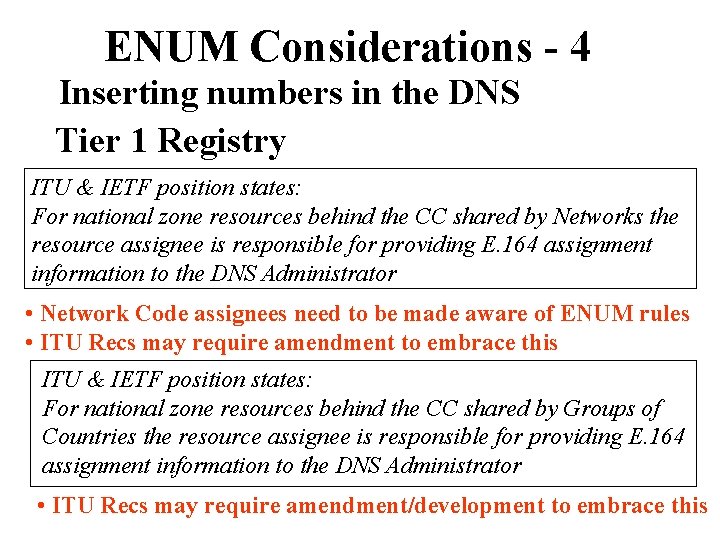 ENUM Considerations - 4 Inserting numbers in the DNS Tier 1 Registry ITU &