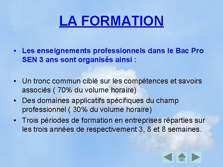 LA FORMATION • Les enseignements professionnels dans le Bac Pro SEN 3 ans sont