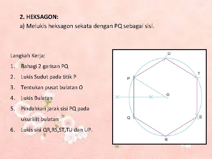 2. HEKSAGON: a) Melukis heksagon sekata dengan PQ sebagai sisi. Langkah Kerja: 1. Bahagi
