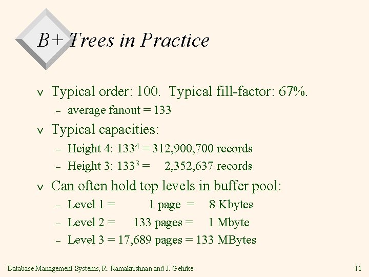 B+ Trees in Practice v Typical order: 100. Typical fill-factor: 67%. – v Typical
