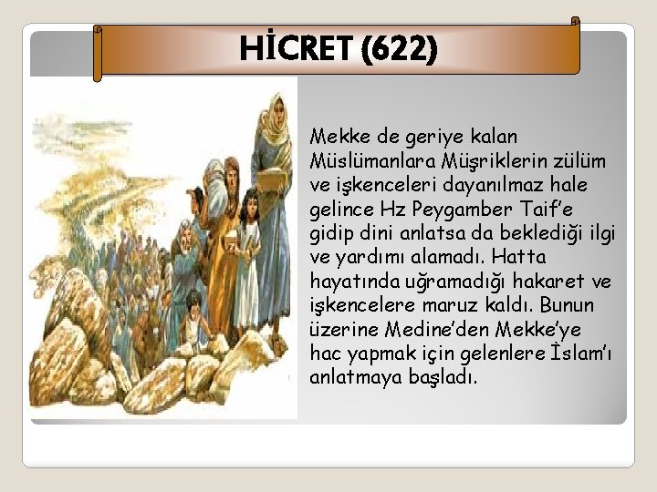 HİCRET (622) Mekke de geriye kalan Müslümanlara Müşriklerin zülüm ve işkenceleri dayanılmaz hale gelince