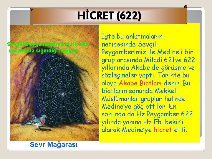 HİCRET (622) Sevgili Peygamberimizin Hicreti esnasında sığındığı mağara Sevr Mağarası İşte bu anlatmaların neticesinde