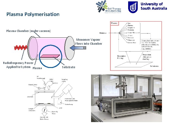Plasma Polymerisation Plasma Chamber (under vacuum) Monomer Vapour Flows into Chamber Radiofrequency Power Applied