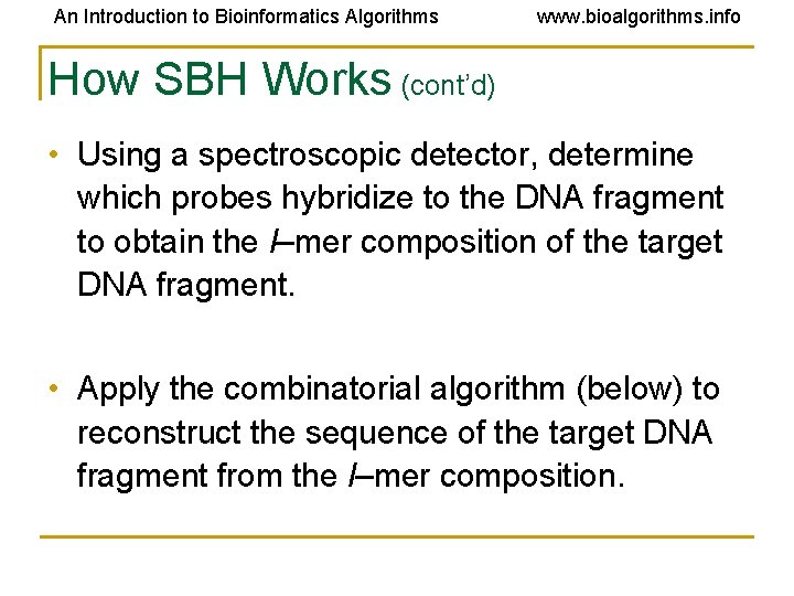 An Introduction to Bioinformatics Algorithms www. bioalgorithms. info How SBH Works (cont’d) • Using