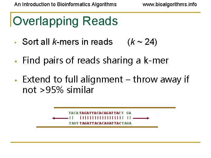 An Introduction to Bioinformatics Algorithms www. bioalgorithms. info Overlapping Reads • Sort all k-mers